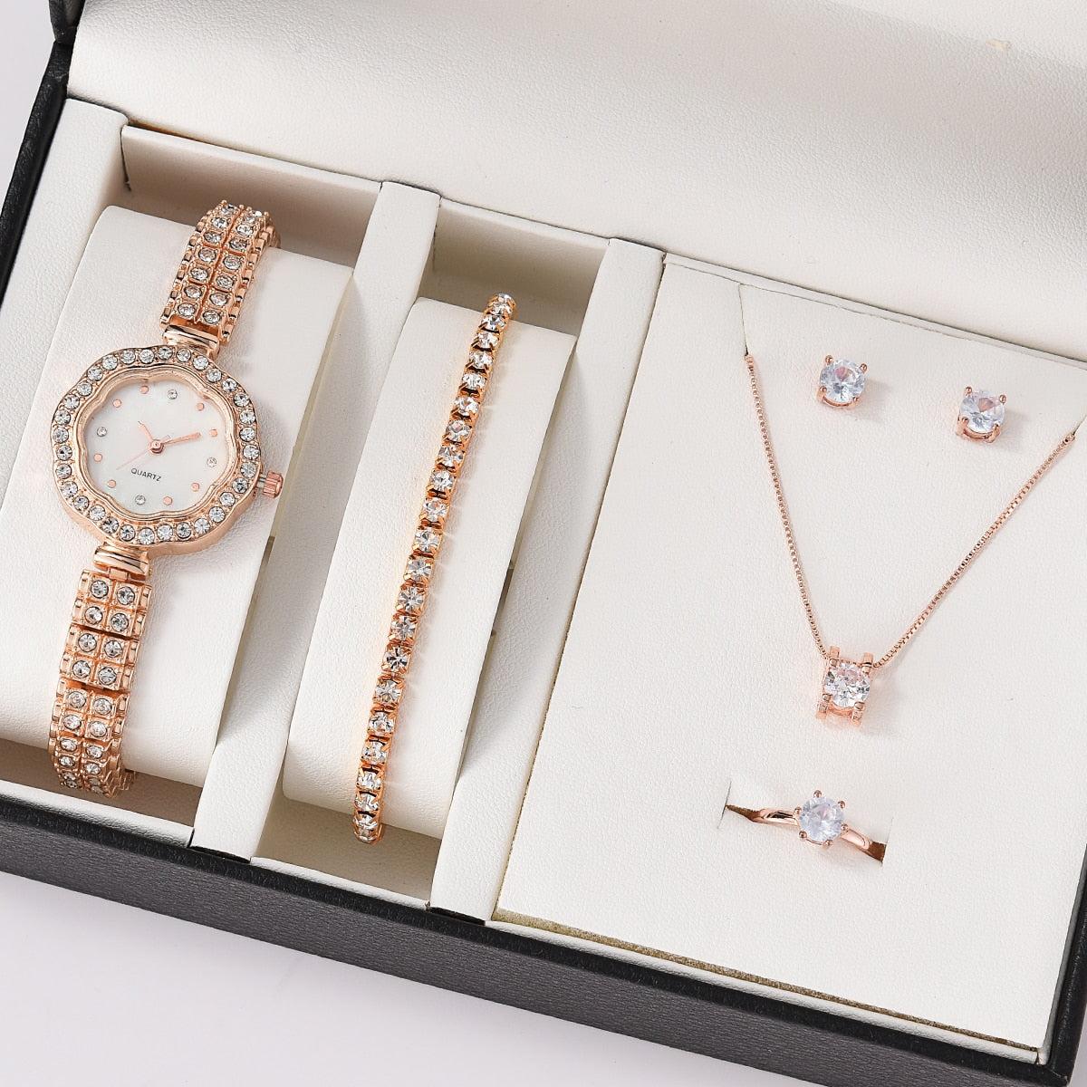 6PCS Set Luxury Watch Women Ring Necklace Earrings Rhinestone Fashion Wristwatch Female Casual Ladies Watches Bracelet Set Clock - Image #3