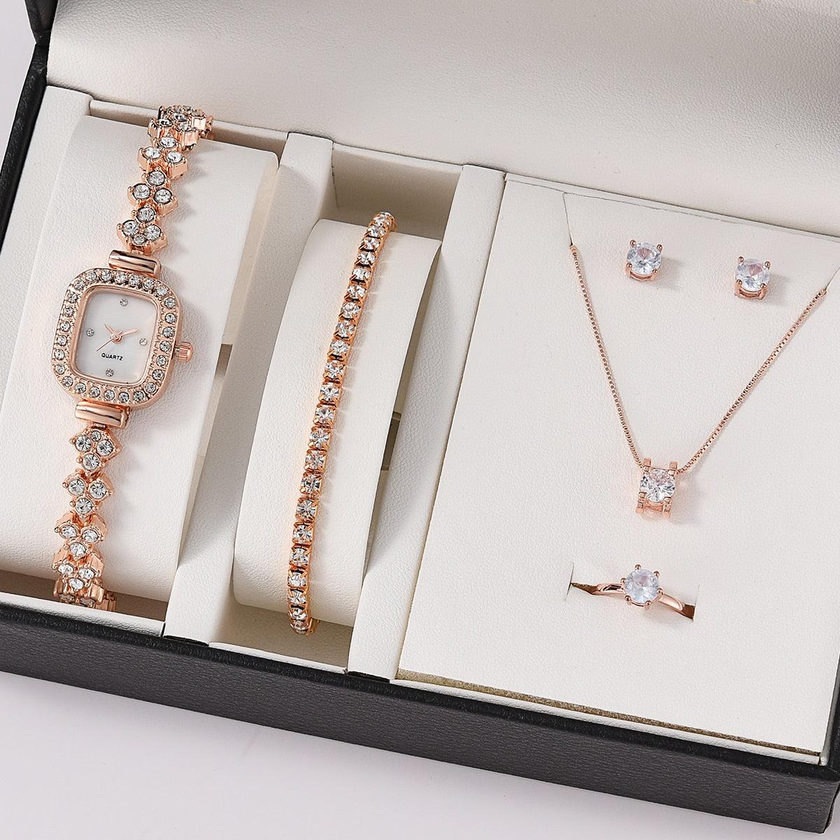 6PCS Set Luxury Watch Women Ring Necklace Earrings Rhinestone Fashion Wristwatch Female Casual Ladies Watches Bracelet Set Clock - Image #8