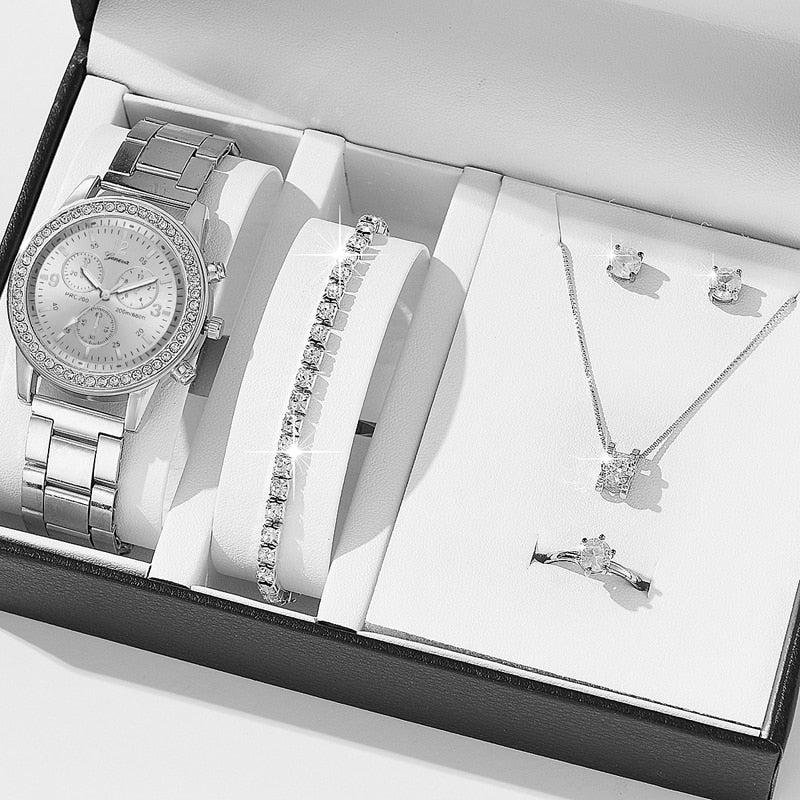 6PCS Set Luxury Watch Women Ring Necklace Earrings Rhinestone Fashion Wristwatch Female Casual Ladies Watches Bracelet Set Clock - Image #7